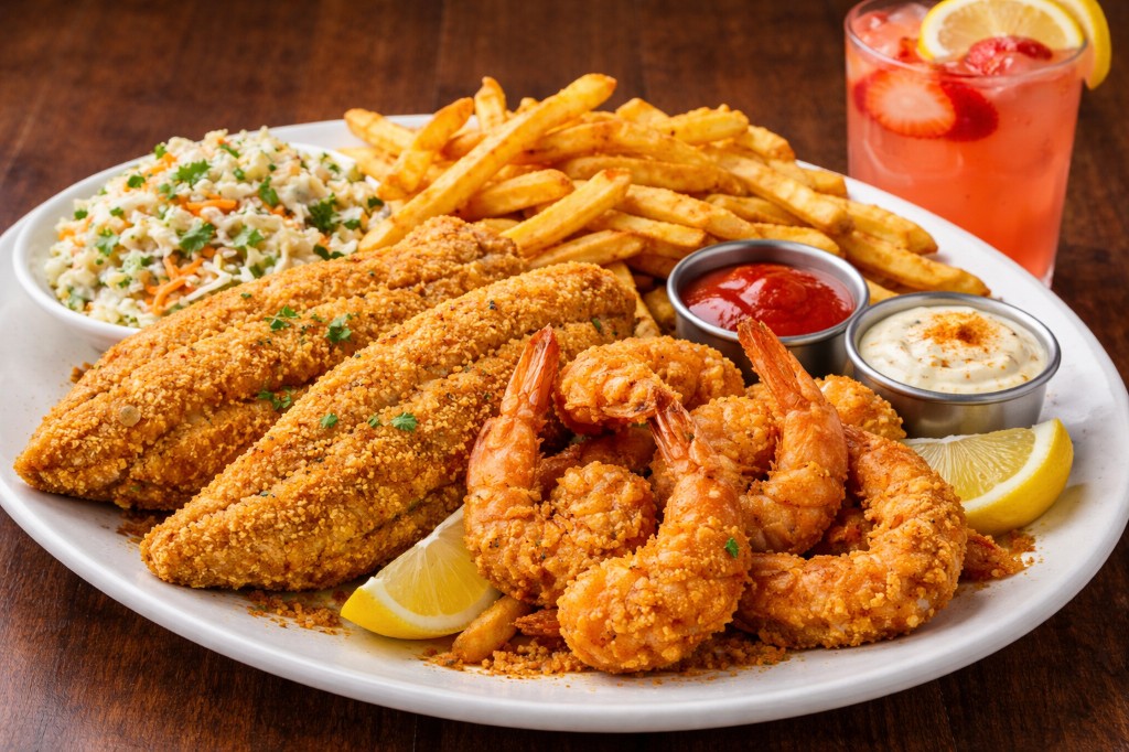 Fried catfish, jumbo shrimp, fries, coleslaw