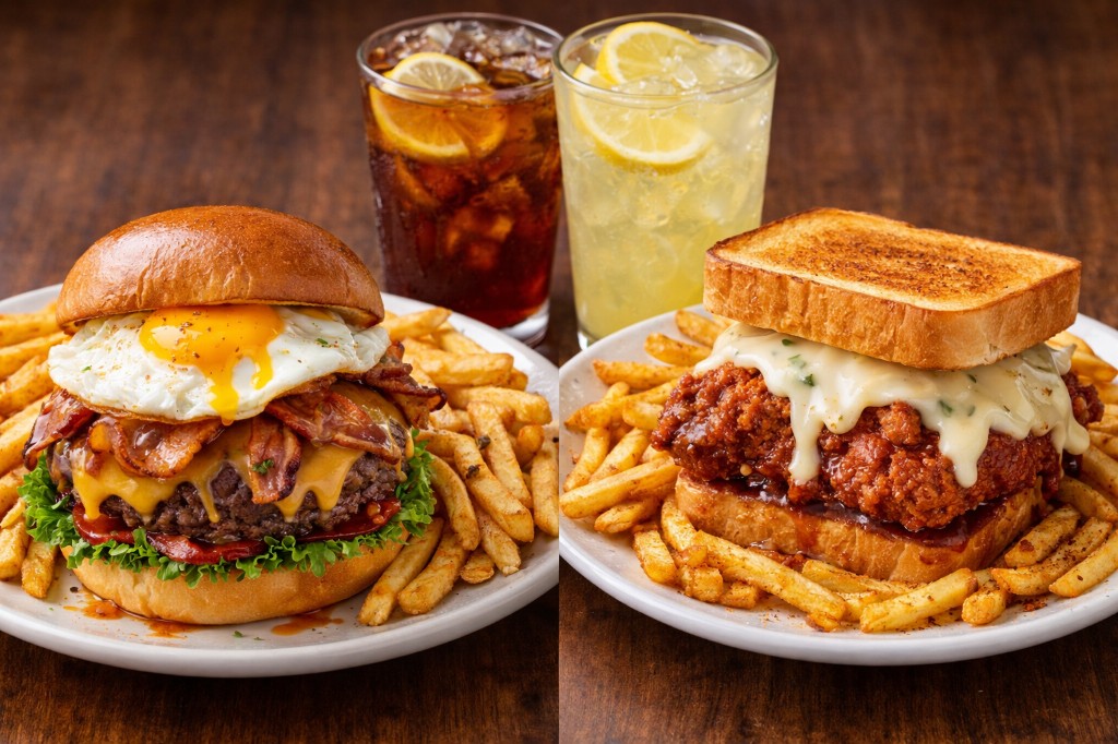 Stacked burger with egg and bacon, Nashville hot chicken sandwich, fries