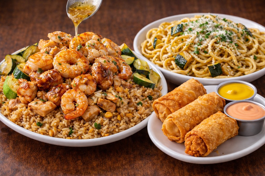 Signature garlic noodles, hibachi plate, and egg rolls