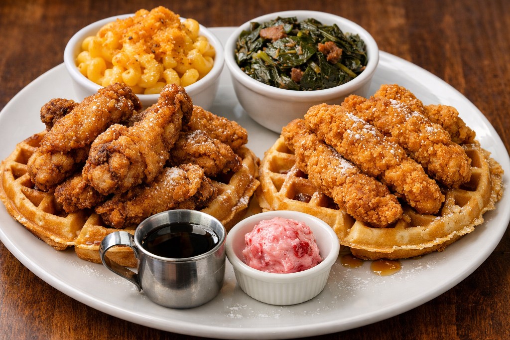 Chicken and waffles with Southern sides